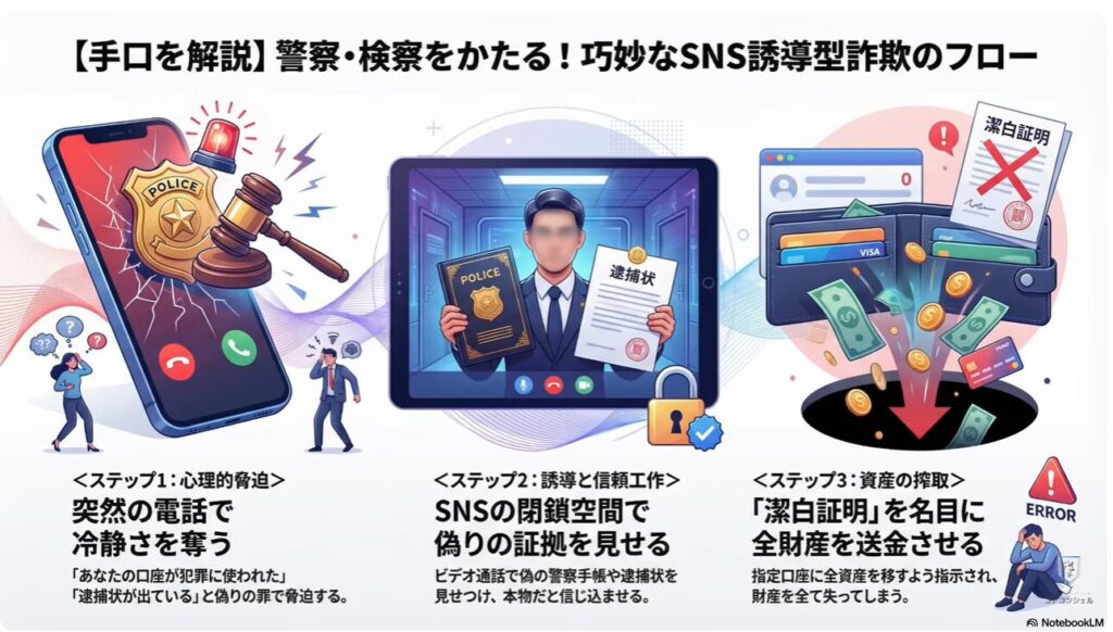 被害急増中の複合型詐欺とは:警察・検察をかたるSNS誘導型のフロー(全体像)