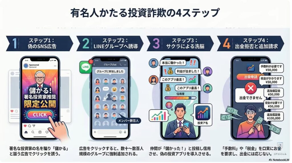 被害急増中の複合型詐欺とは:有名人を語る投資詐欺の4つのステップ(全体像)
