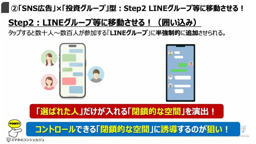 被害急増中の複合型詐欺とは:②「SNS広告」×「投資グループ」型:Step2「LINEグループ」等に移動させる!