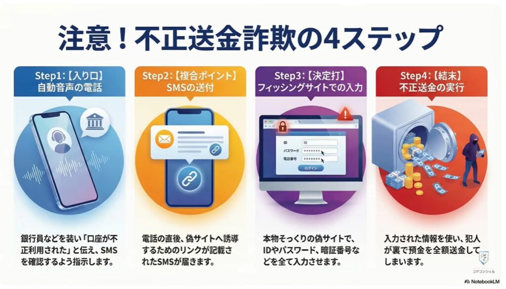 被害急増中の複合型詐欺とは:不正送金詐欺の4つのステップ(全体像)