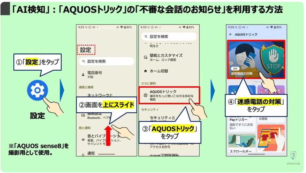 被害急増中の複合型詐欺とは:「AI検知」:「AQUOSトリック」の「不審な会話のお知らせ」を利用する方法