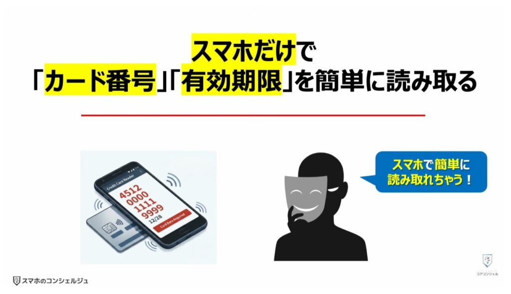 タッチ決済対応のクレジットカードは危険：「スマホ（アプリ経由）」で「カード番号と有効期限」の「読取」は簡単！