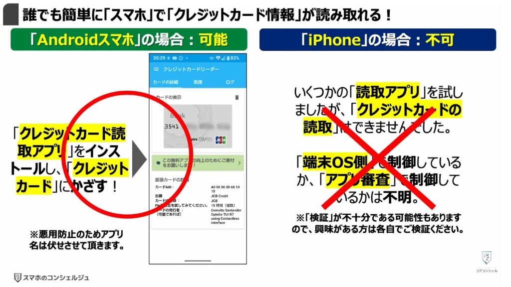 タッチ決済対応のクレジットカードは危険：誰でも簡単に「スマホ」で「クレジットカード情報」が読み取れる！