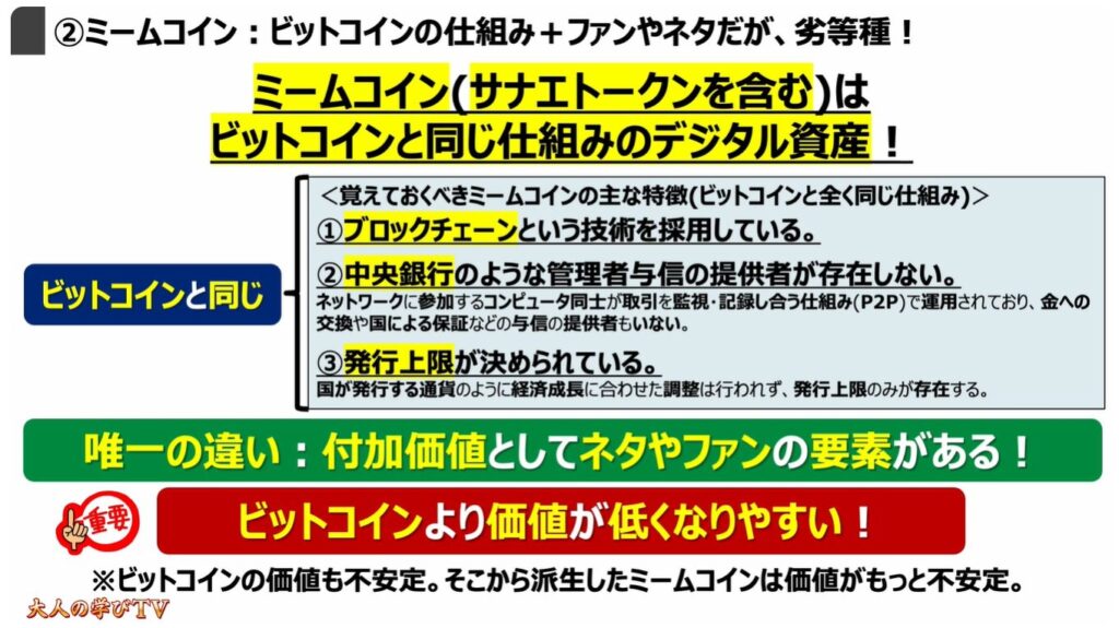 注目の「ステーブルコイン」とは:
②ミームコイン:ビットコインの仕組み+ファンやネタだが、劣等種!
