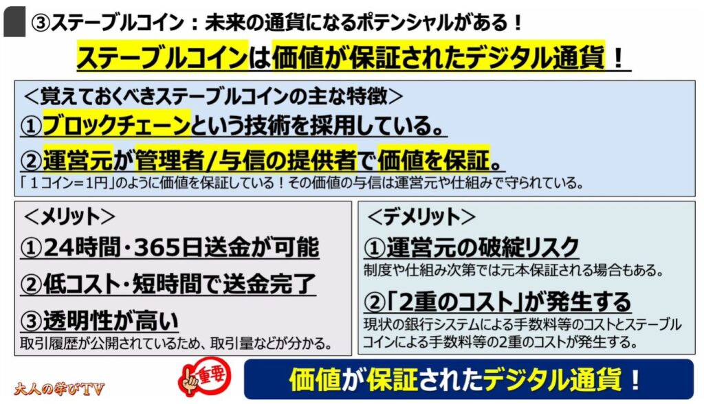 注目の「ステーブルコイン」とは:
③ステーブルコイン:未来の通貨になるポテンシャルがある!