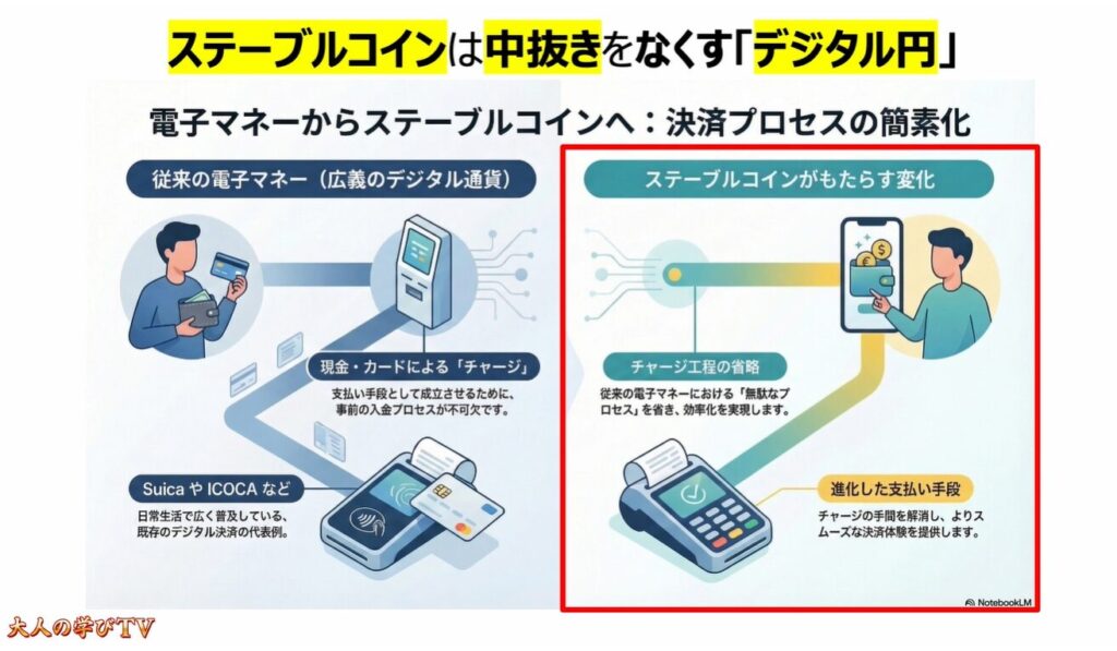 注目の「ステーブルコイン」とは:
「ステーブルコイン」は中抜きをなくす「デジタル円」