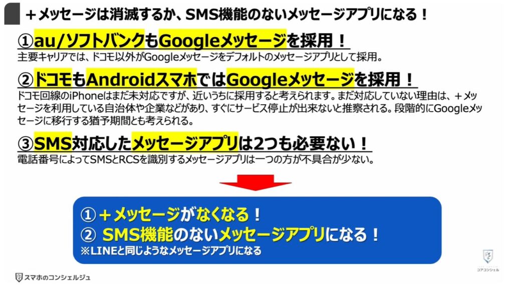Googleメッセージを使え!:「+メッセージ」は消滅するか、「SMS機能」のない「メッセージアプリ」になる!
