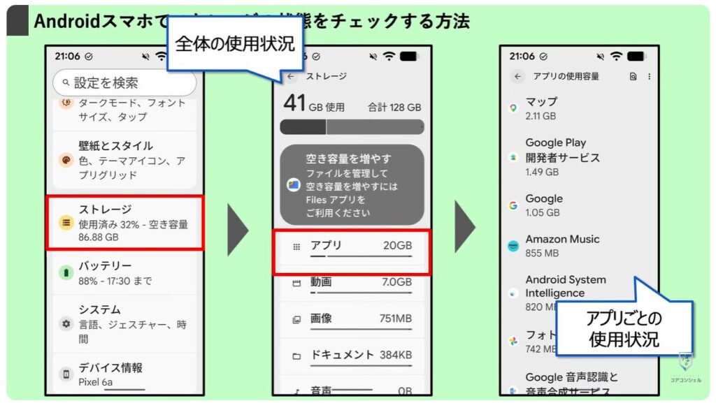 ストレージとは：スマホのストレージ使用状況を確認する