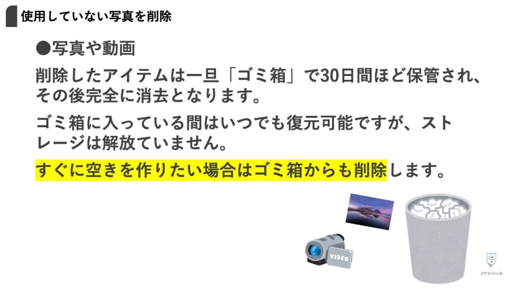 ストレージとは：写真はゴミ箱からも消去