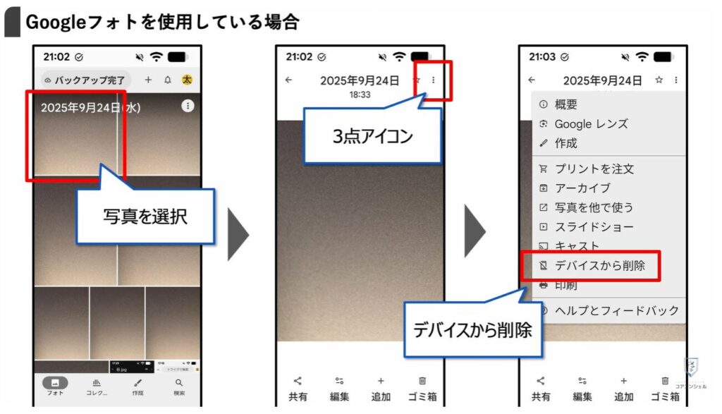ストレージとは：Googleフォトで「デバイスから削除」