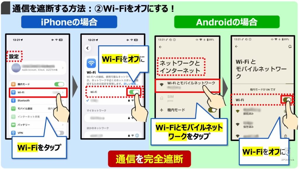乗っ取りのサインと対処方法：通信を遮断する方法：通信を遮断する方法：②Wi-Fiをオフにする！