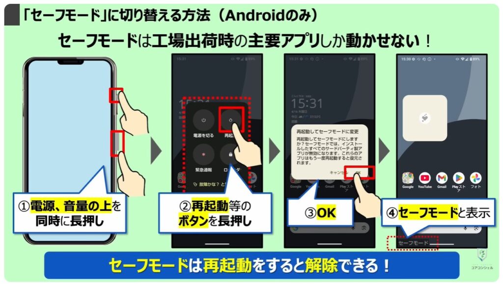 乗っ取りのサインと対処方法：「セーフモード」に切り替える方法（Androidのみ）