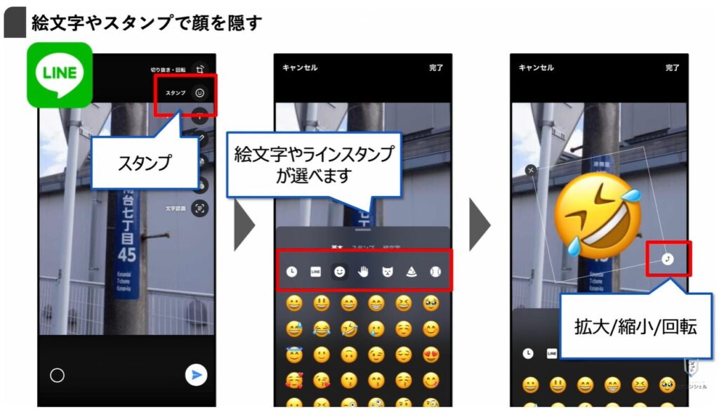 気になる写真やスクリーンショットに「ぼかし」を入れる方法：LINEで絵文字やスタンプを使う