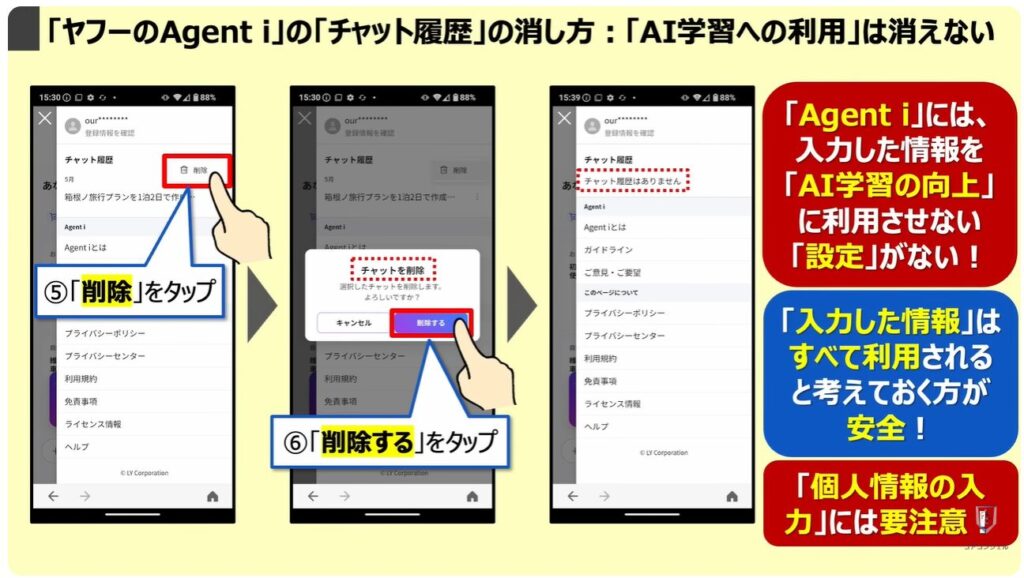 LINEヤフーの「Agent i」は要注意：「ヤフーのAgent i」の「チャット履歴」の消し方：「AI学習への利用」は消えない！