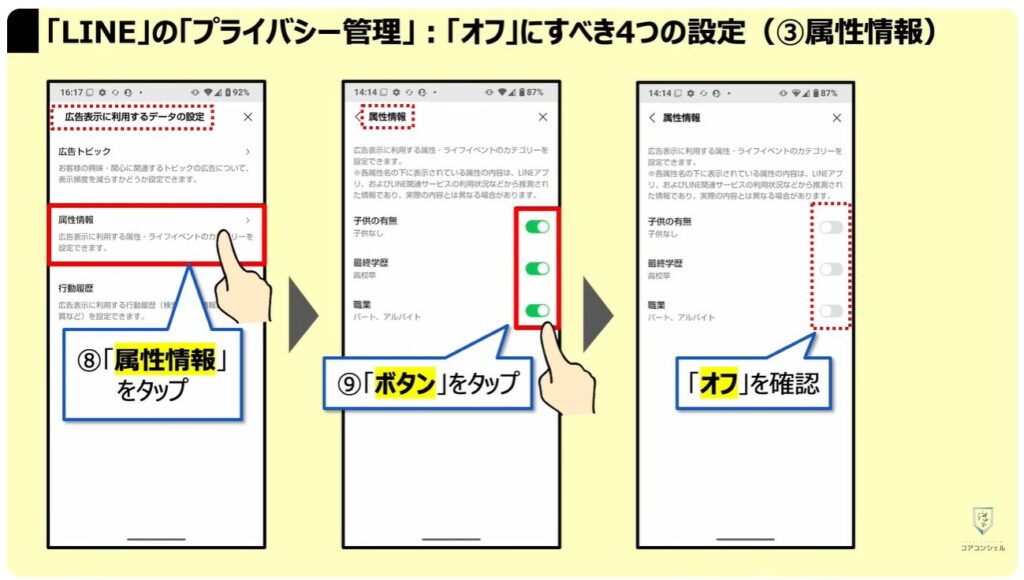 LINEヤフーの「Agent i」は要注意：「LINE」の「プライバシー管理」：「オフ」にすべき4つの設定（③属性情報）