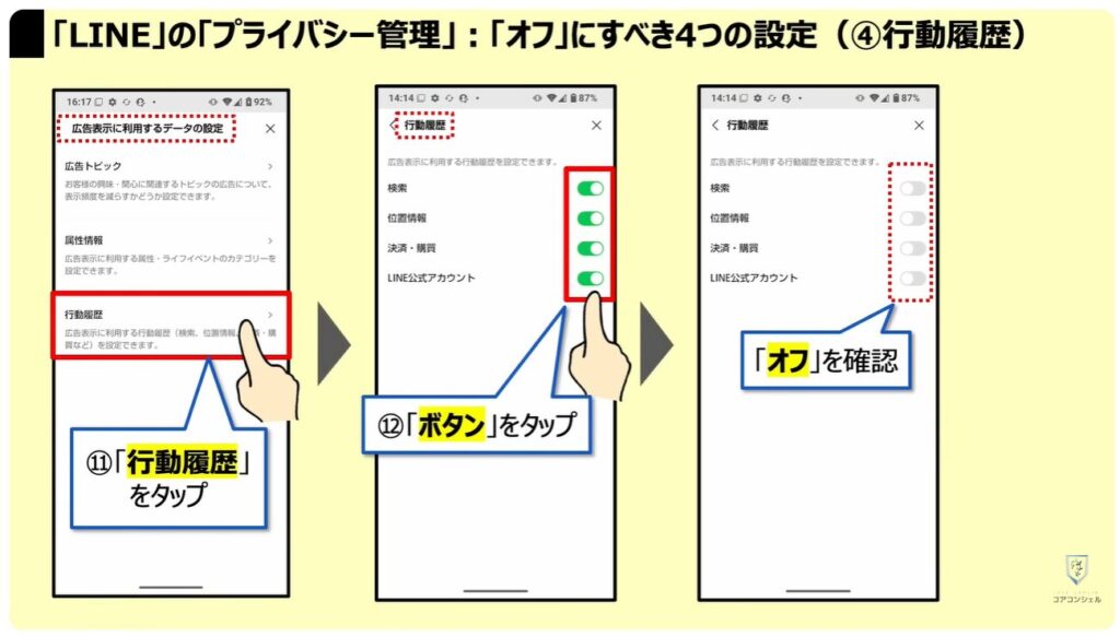 LINEヤフーの「Agent i」は要注意：「LINE」の「プライバシー管理」：「オフ」にすべき4つの設定（④行動履歴）
