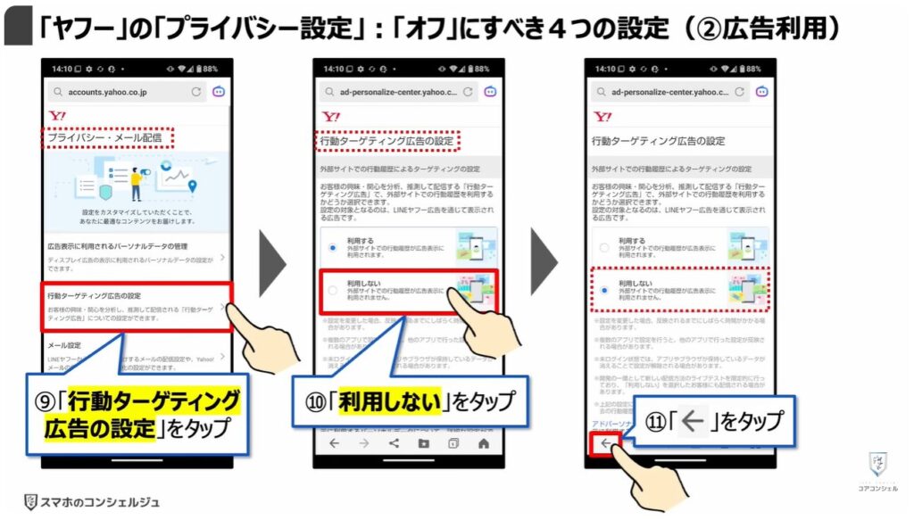 LINEヤフーの「Agent i」は要注意：「ヤフー」の「プライバシー設定」：「オフ」にすべき４つの設定（②広告利用）