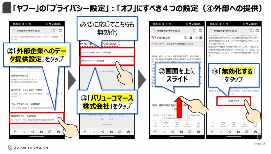 LINEヤフーの「Agent i」は要注意：「ヤフー」の「プライバシー設定」：「オフ」にすべき４つの設定（④外部への提供）