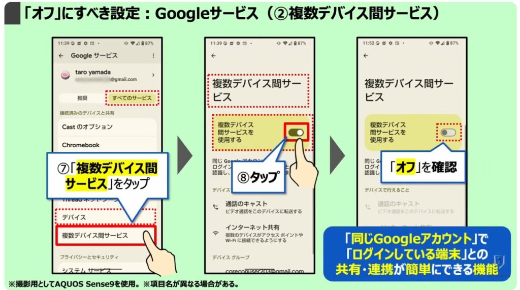 「オフ」にすべき設定：Googleサービス（②複数デバイス間サービス）