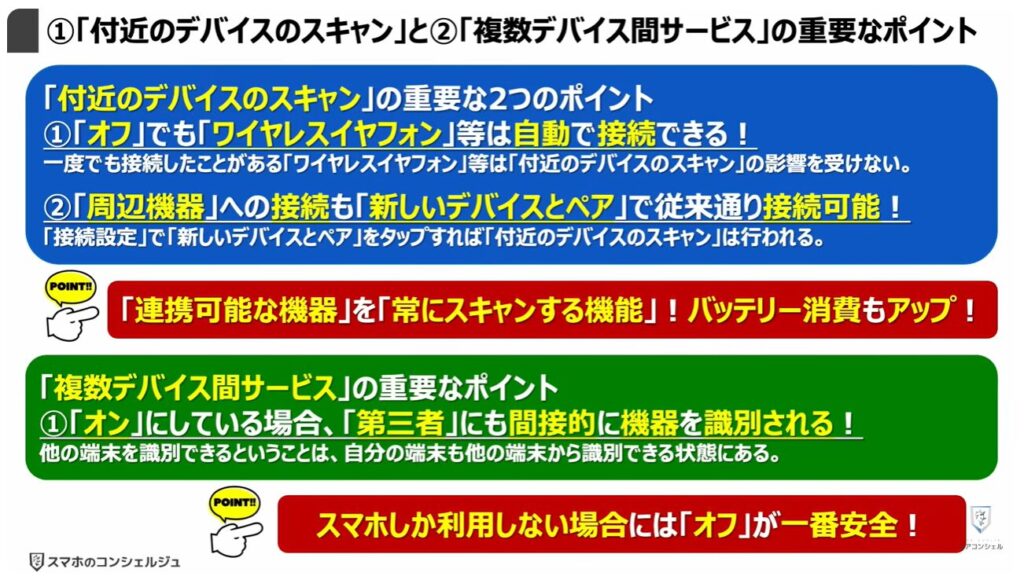 「オフ」にすべき設定：①「付近のデバイスのスキャン」と②「複数デバイス間サービス」の重要なポイント