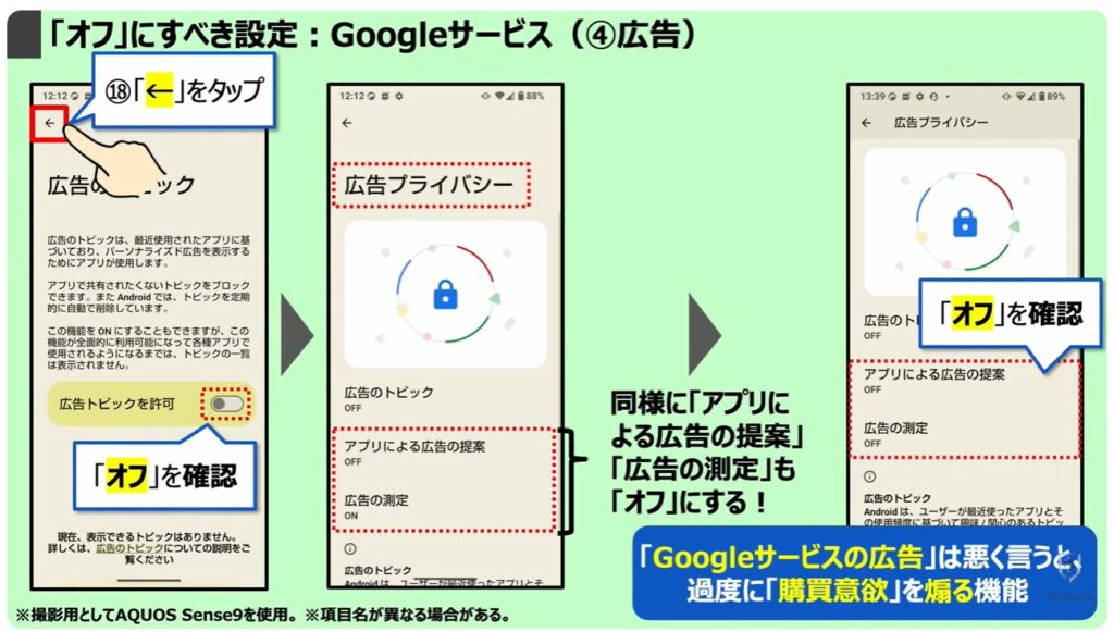 「オフ」にすべき設定：Googleサービス（④広告）