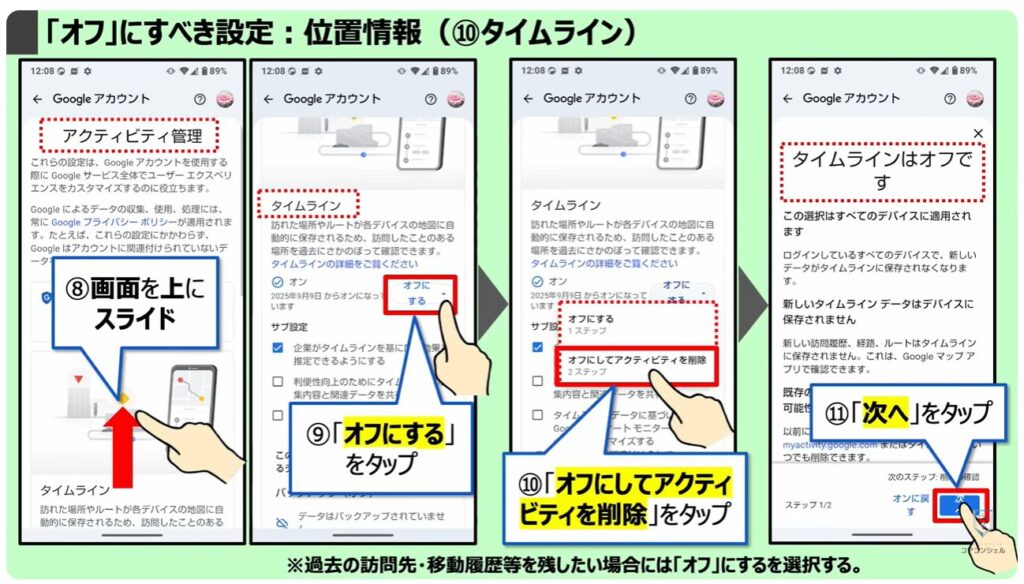 「オフ」にすべき設定：位置情報（⑩タイムライン）