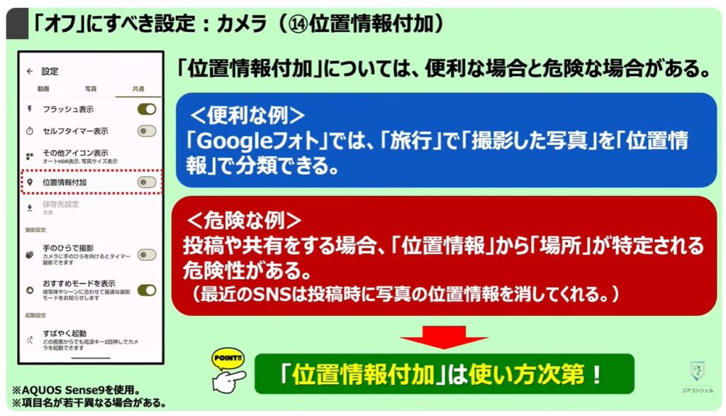 「オフ」にすべき設定：カメラ（⑭位置情報付加）