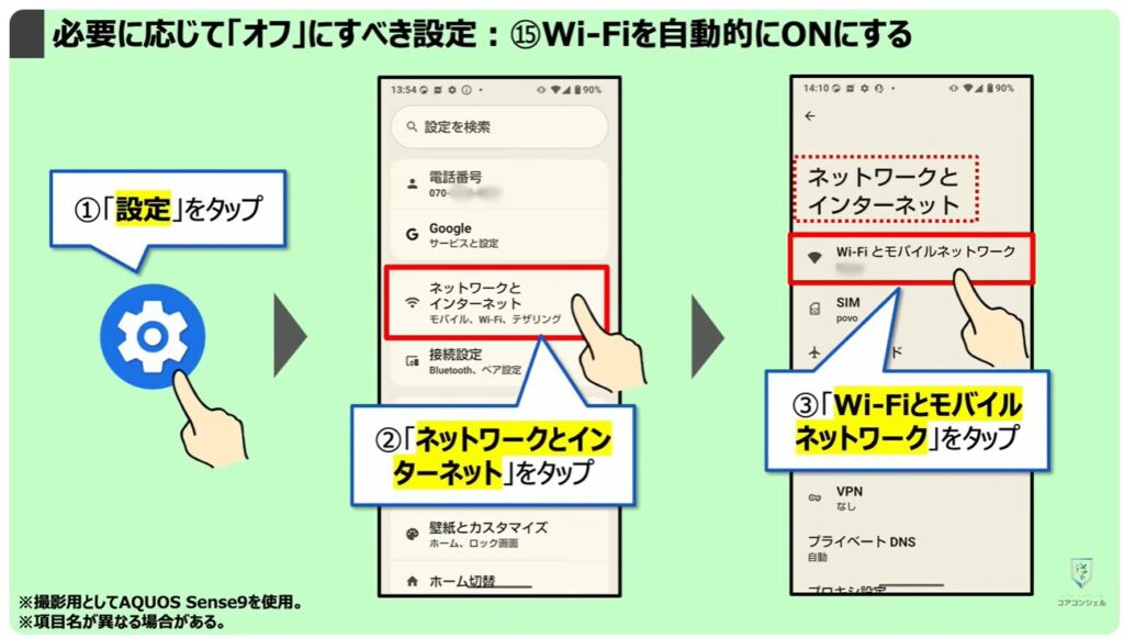 必要に応じて「オフ」にすべき設定：⑮Wi-Fiを自動的にONにする