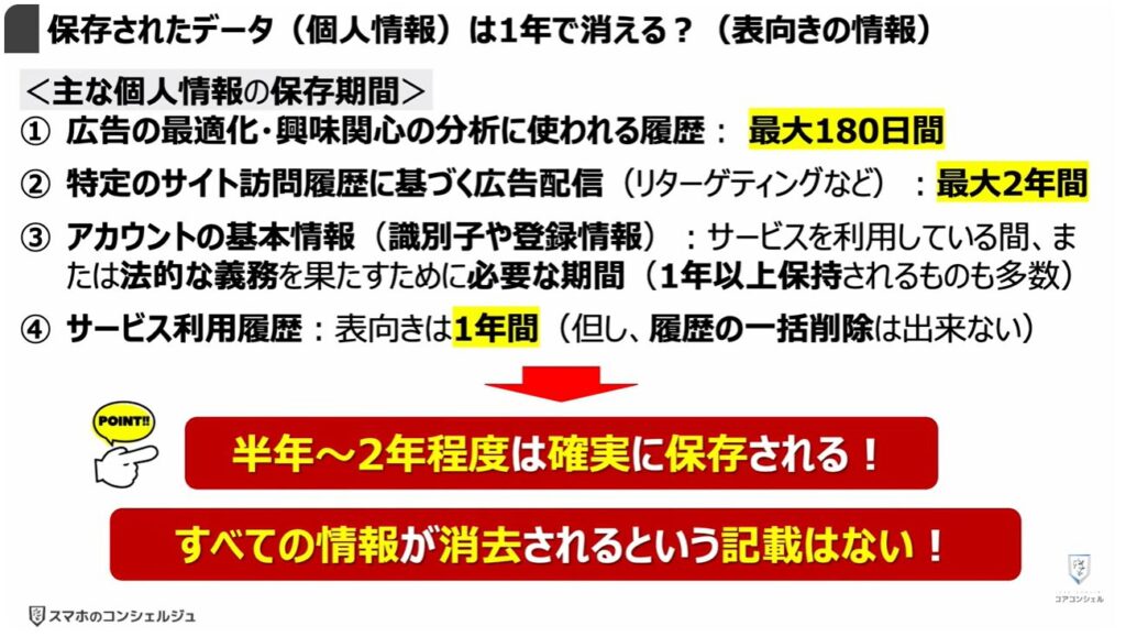 「オフ」にすべき設定と「位置情報履歴」を削除する方法:保存されたデータ(個人情報)は1年で消える?(表向きの情報)