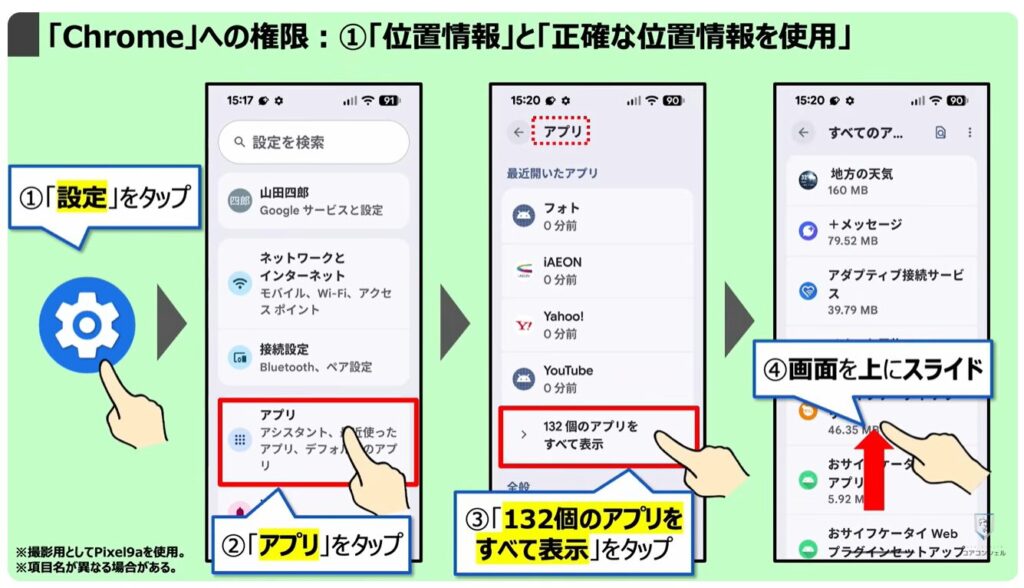 「オフ」にすべき「Chromeの設定」：「Chrome」への権限：①「位置情報」と「正確な位置情報を使用」