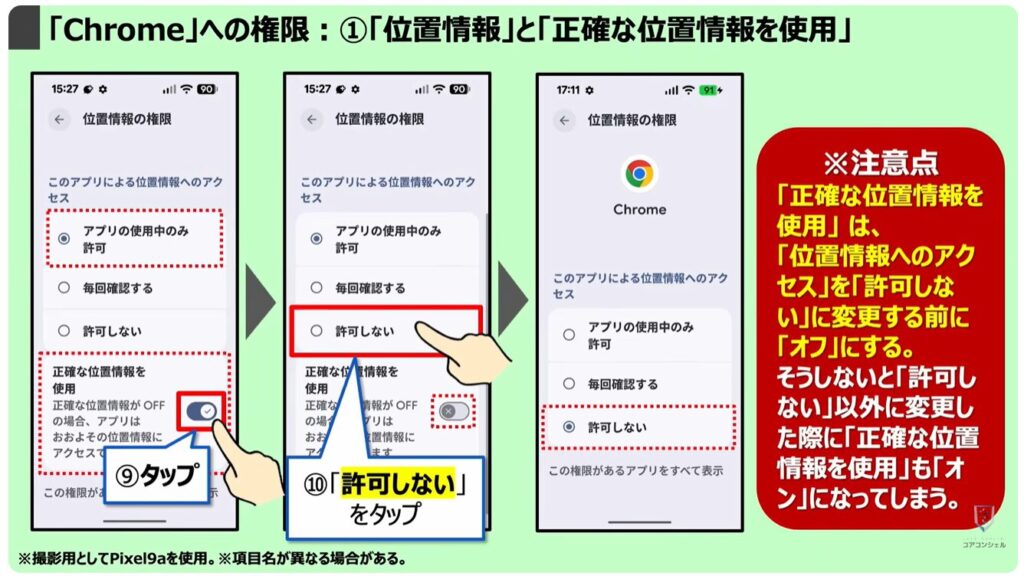 「オフ」にすべき「Chromeの設定」：「Chrome」への権限：①「位置情報」と「正確な位置情報を使用」