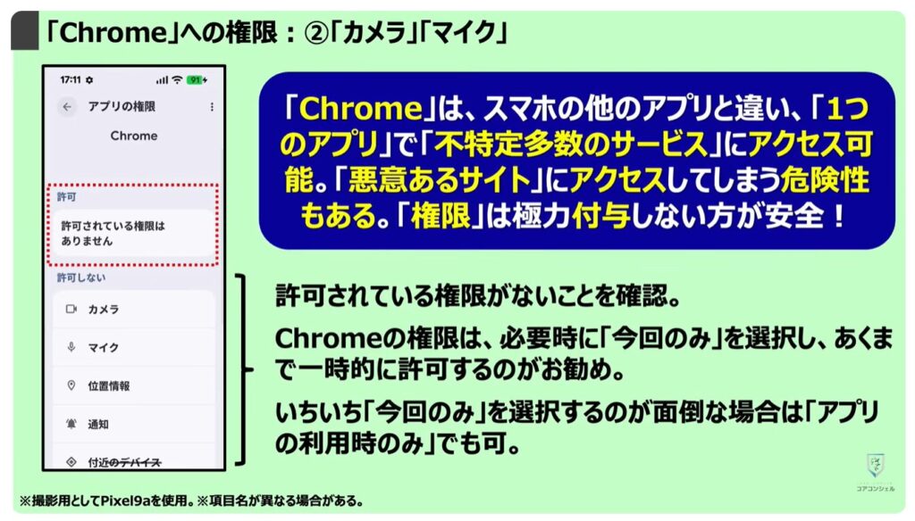 「オフ」にすべき「Chromeの設定」：「Chrome」への権限：②「カメラ」「マイク」