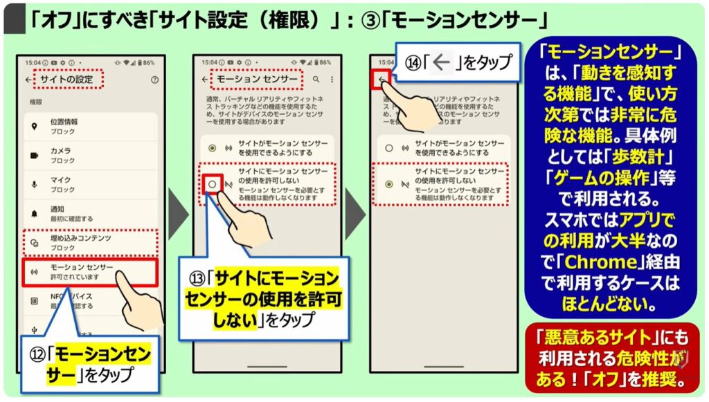 「オフ」にすべき「Chromeの設定」：「オフ」にすべき「サイト設定（権限）」：③「モーションセンサー」