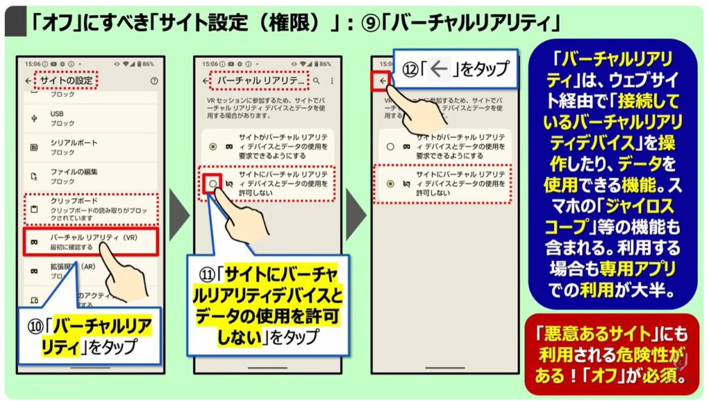 「オフ」にすべき「Chromeの設定」：「オフ」にすべき「サイト設定（権限）」：⑨「バーチャルリアリティ」