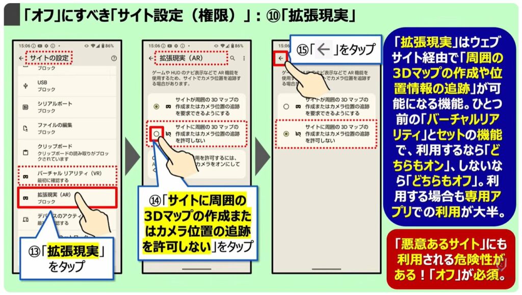 「オフ」にすべき「Chromeの設定」：「オフ」にすべき「サイト設定（権限）」：⑩「拡張現実」
