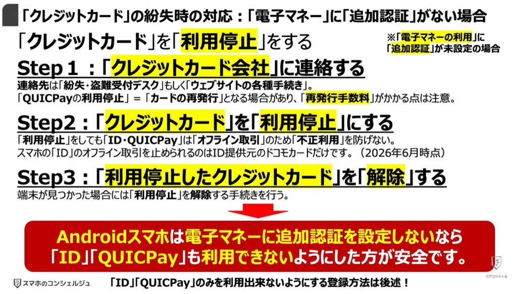 スマホの「電子マネー」「クレジットカード」が狙われる：「クレジットカード」の紛失時の対応：「電子マネー」に「追加認証」がない場合