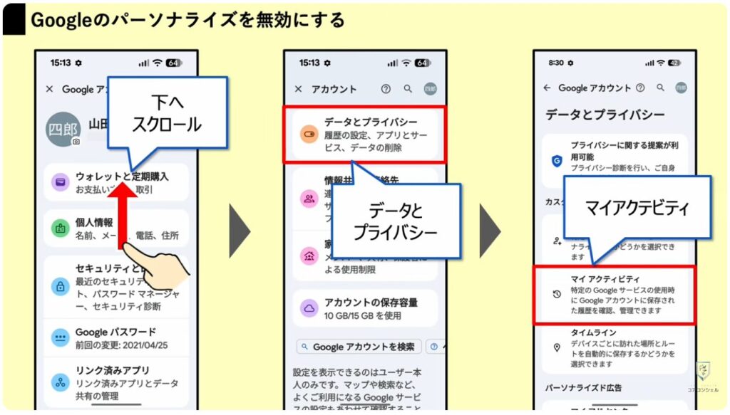 Googleアカウントのプライバシー設定と3つの変更点：検索サービス履歴/メディアを保存の設定