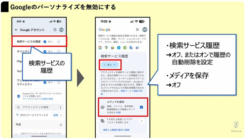 Googleアカウントのプライバシー設定と3つの変更点：検索サービス履歴/メディアを保存の設定