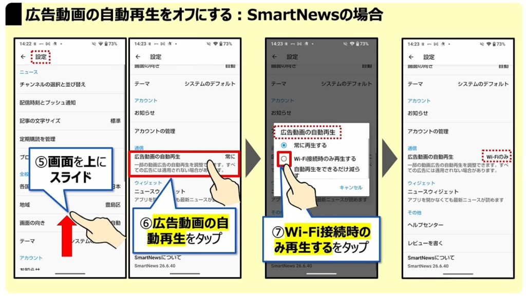 通信量が倍増！正しい対処方法とは：「広告動画の自動再生」を「オフ」にする：SmartNewsの場合