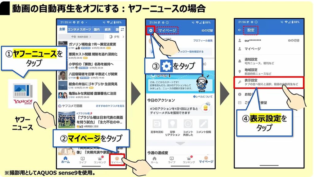 通信量が倍増！正しい対処方法とは：「動画の自動再生」を「オフ」にする：「ヤフーニュース」の場合