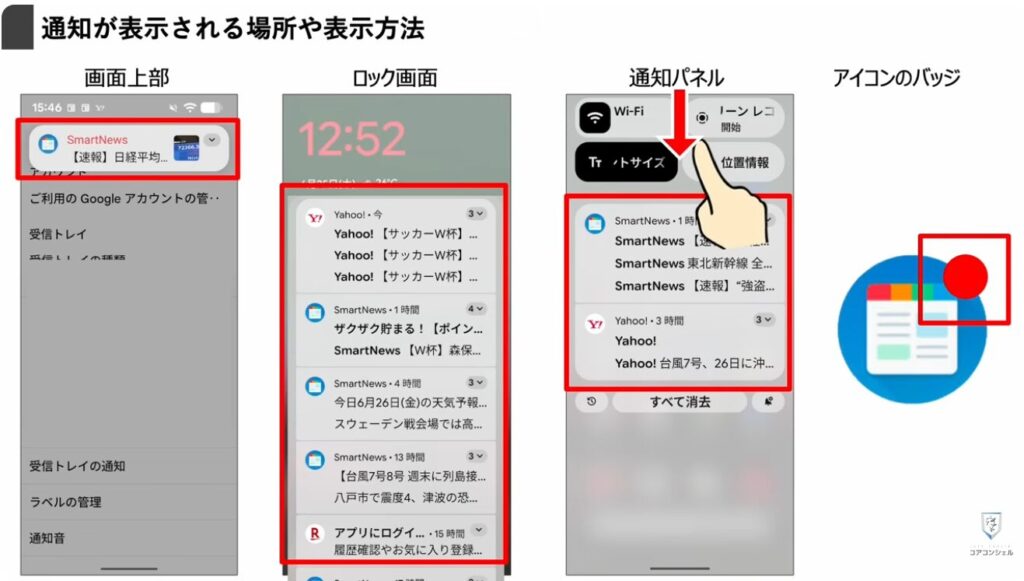 無駄な通知を整理する方法:通知が表示される場所