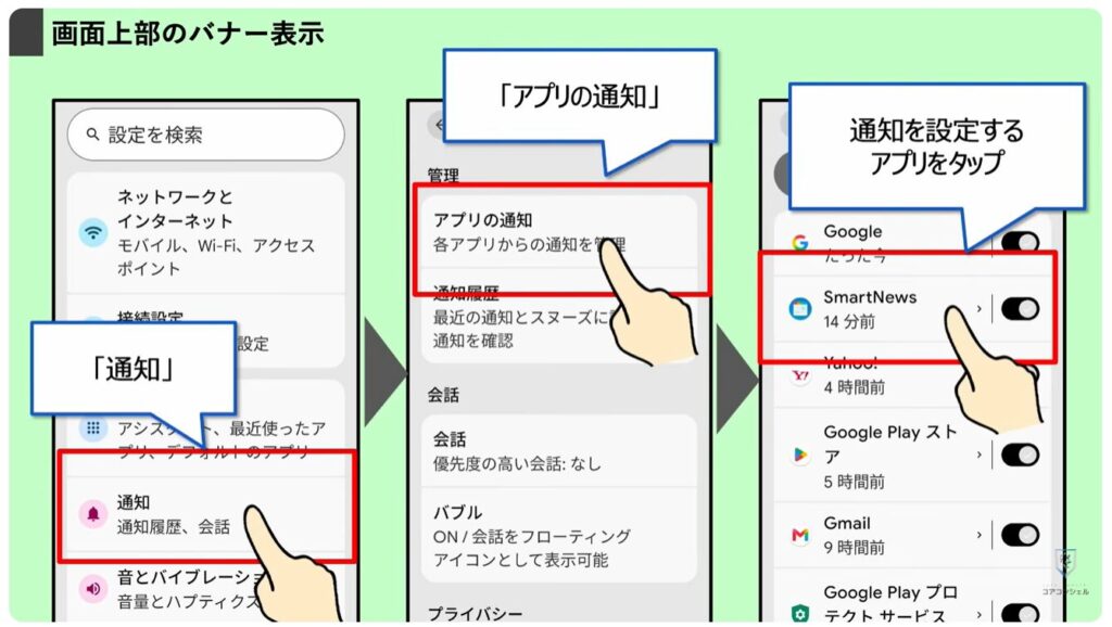 無駄な通知を整理する方法:バナー表示、ポップアップ表示