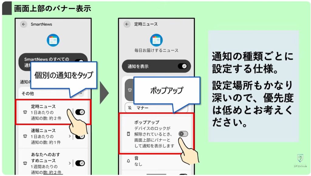 無駄な通知を整理する方法:バナー表示、ポップアップ表示