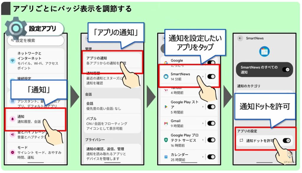 無駄な通知を整理する方法:バッジ表示、通知ドット