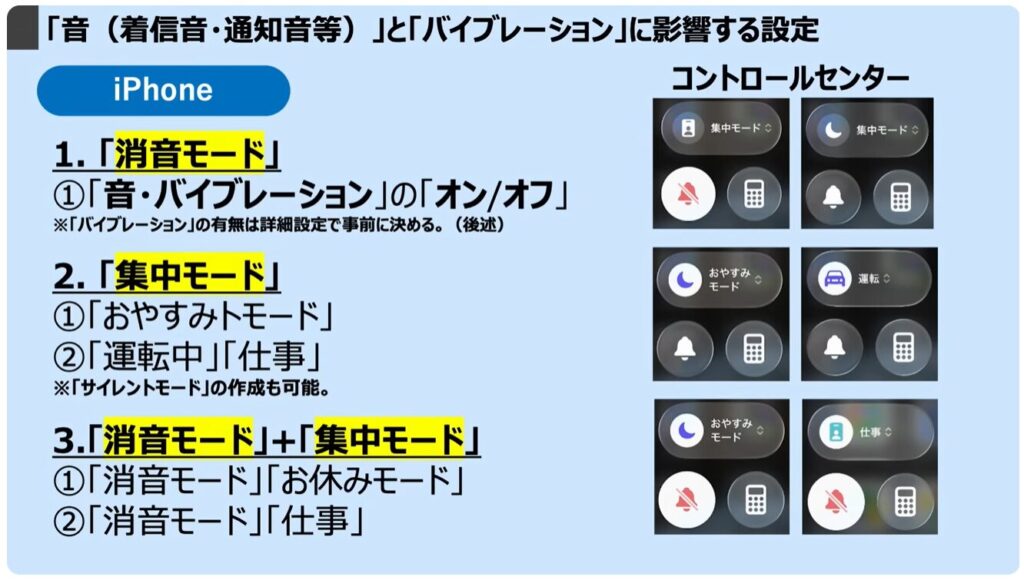 スマホを完全に黙らせる方法：「音（着信音・通知音等）」と「バイブレーション」に影響する設定（iPhone）