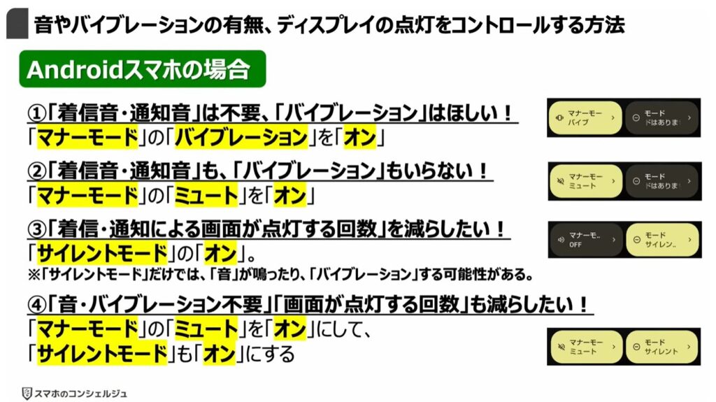 スマホを完全に黙らせる方法：音やバイブレーションの有無、ディスプレイの点灯をコントロールする方法（Android）