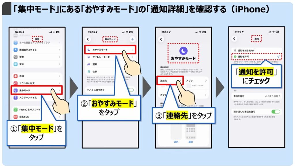 スマホを完全に黙らせる方法：「集中モード」にある「おやすみモード」の「通知詳細」を確認する（iPhone）