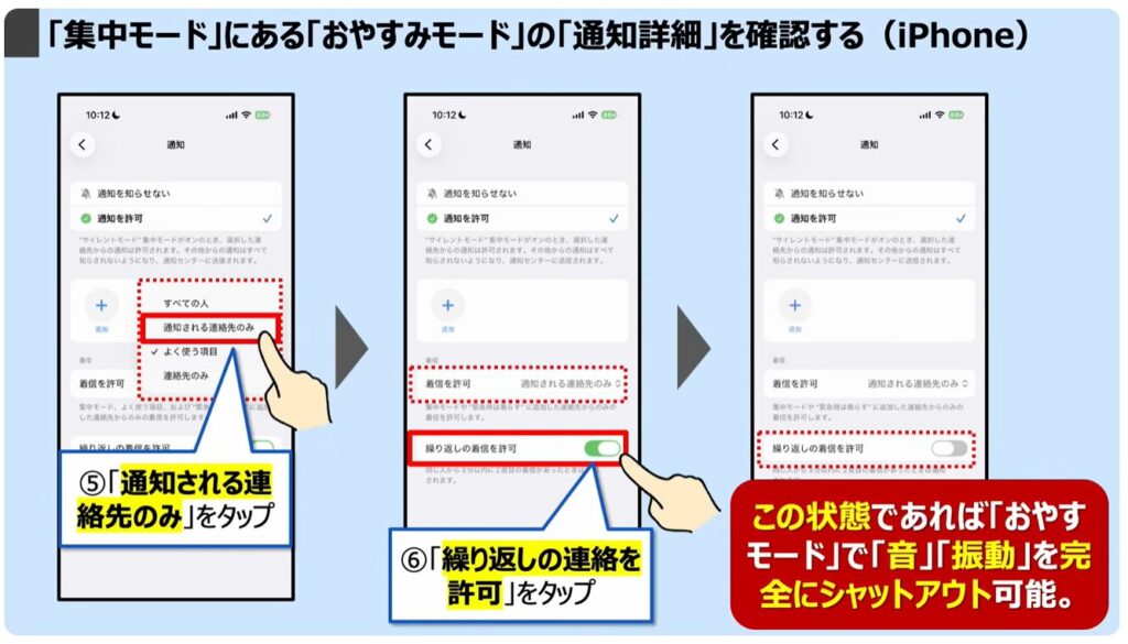 スマホを完全に黙らせる方法：「集中モード」にある「おやすみモード」の「通知詳細」を確認する（iPhone）