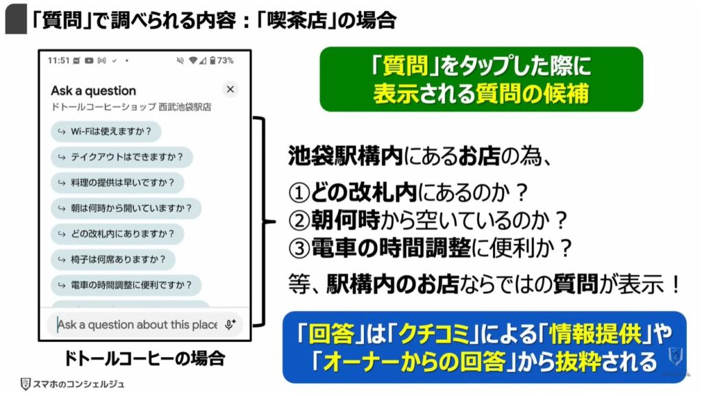Googleマップの質問機能:「質問」で調べられる内容:「喫茶店」の場合