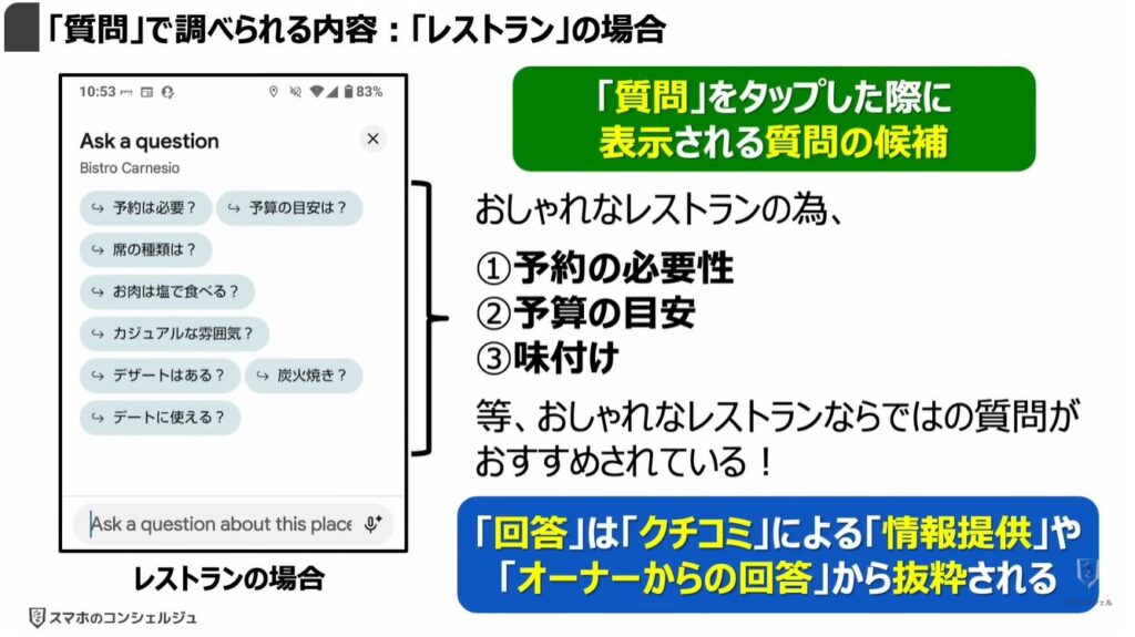 Googleマップの質問機能:「質問」で調べられる内容:「レストラン」の場合